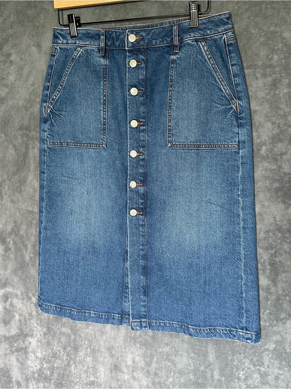 Loft Denim Skirt Button Front Size 10 Petite Stretch 27 Inches Long Pockets